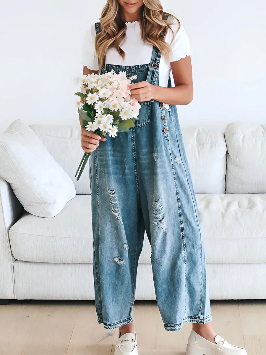 Cecilia | Women’s Distressed Denim Overalls Jumpsuit