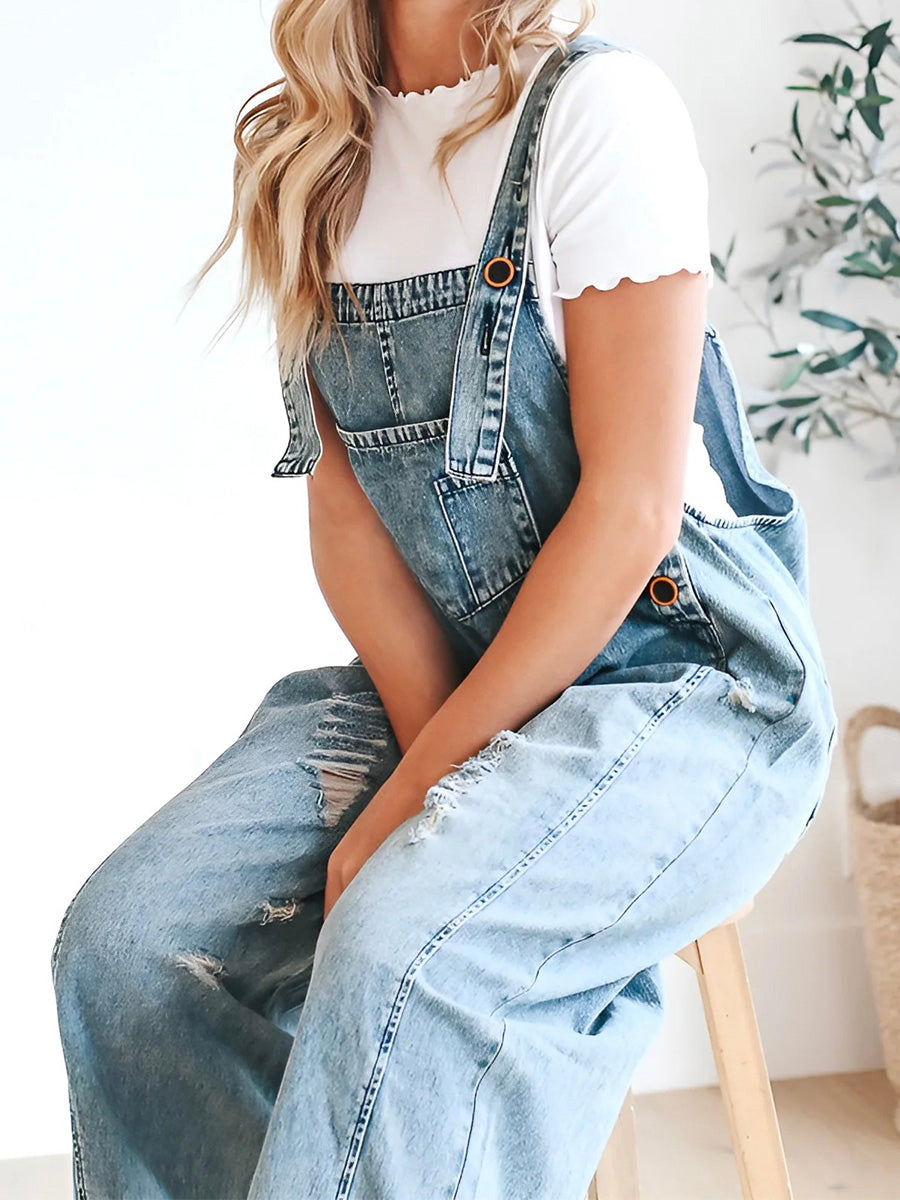 Cecilia | Women’s Distressed Denim Overalls Jumpsuit