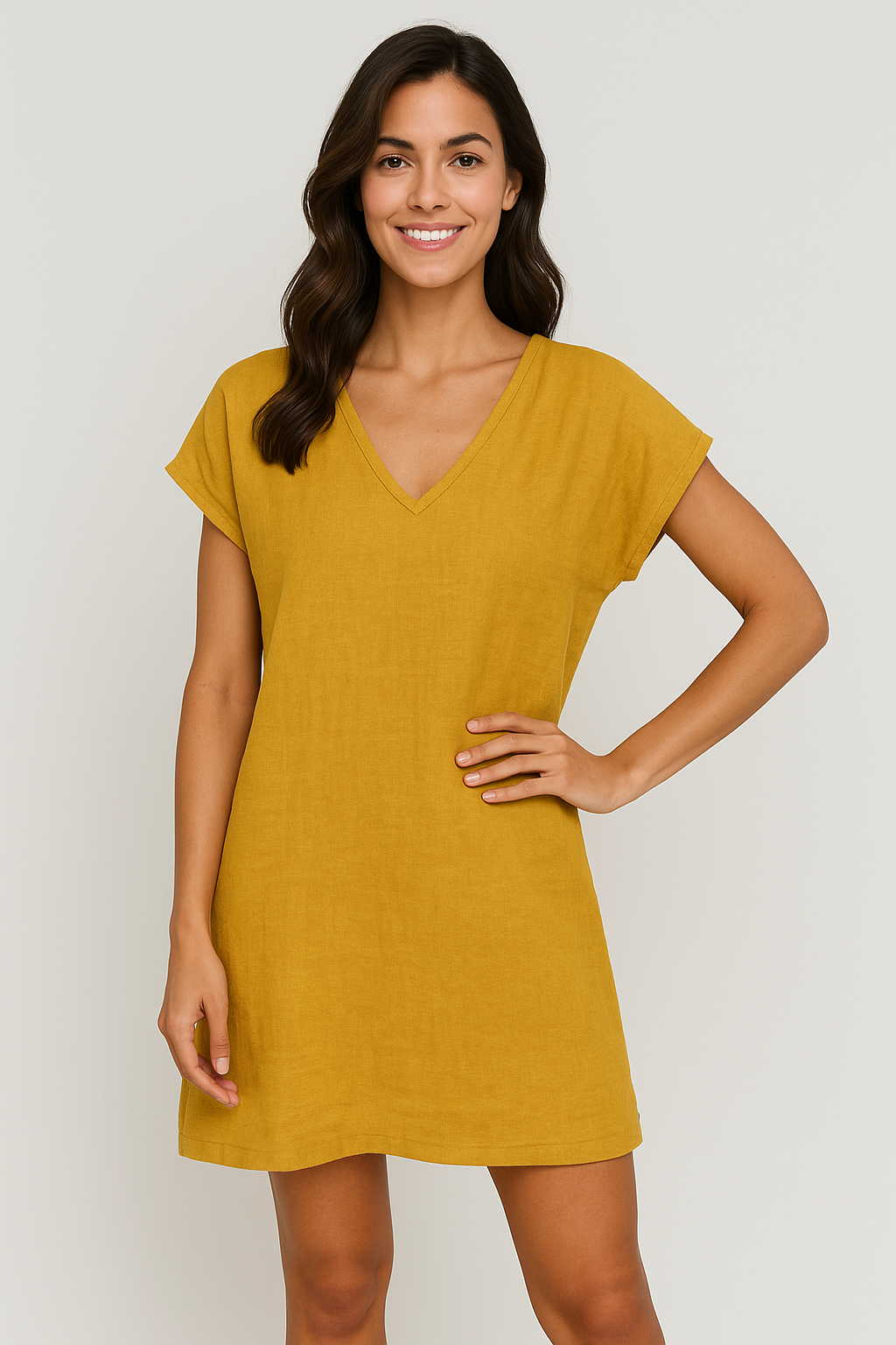 Mariselle | Women’s Linen V-Neck Tunic Dress with Cap Sleeves